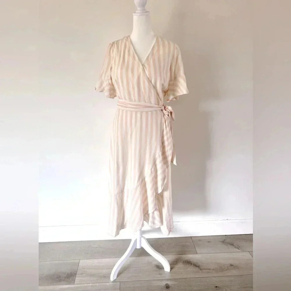 Rachel Parcell Linen Blend Wrap Dress Pink and White‎ Striped Ruffle Midi Small - Picture 2 of 13